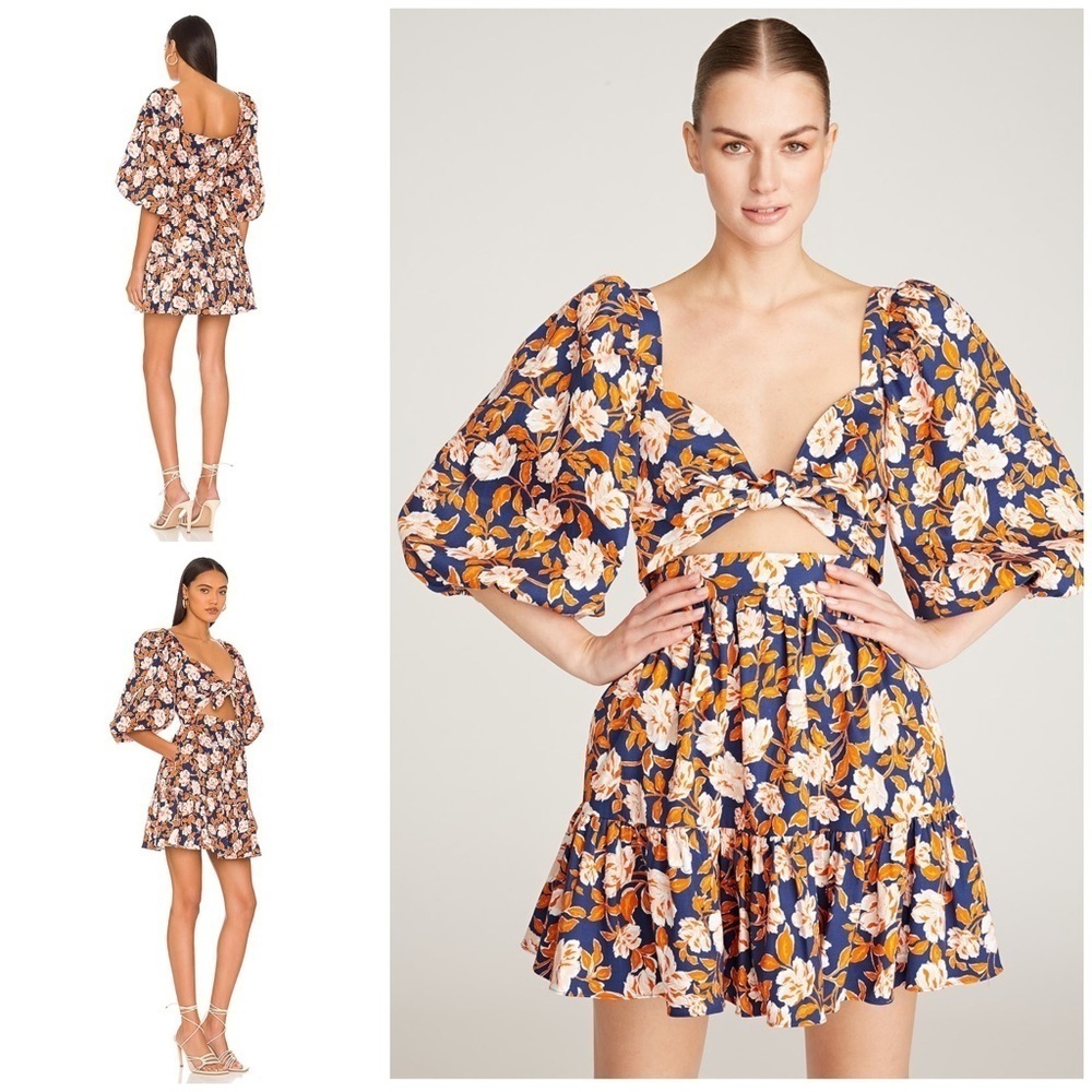 NWT AMUR Medina Twilight Blue Floral Organic Cotton Cut Out Mini Cocktail Dress
